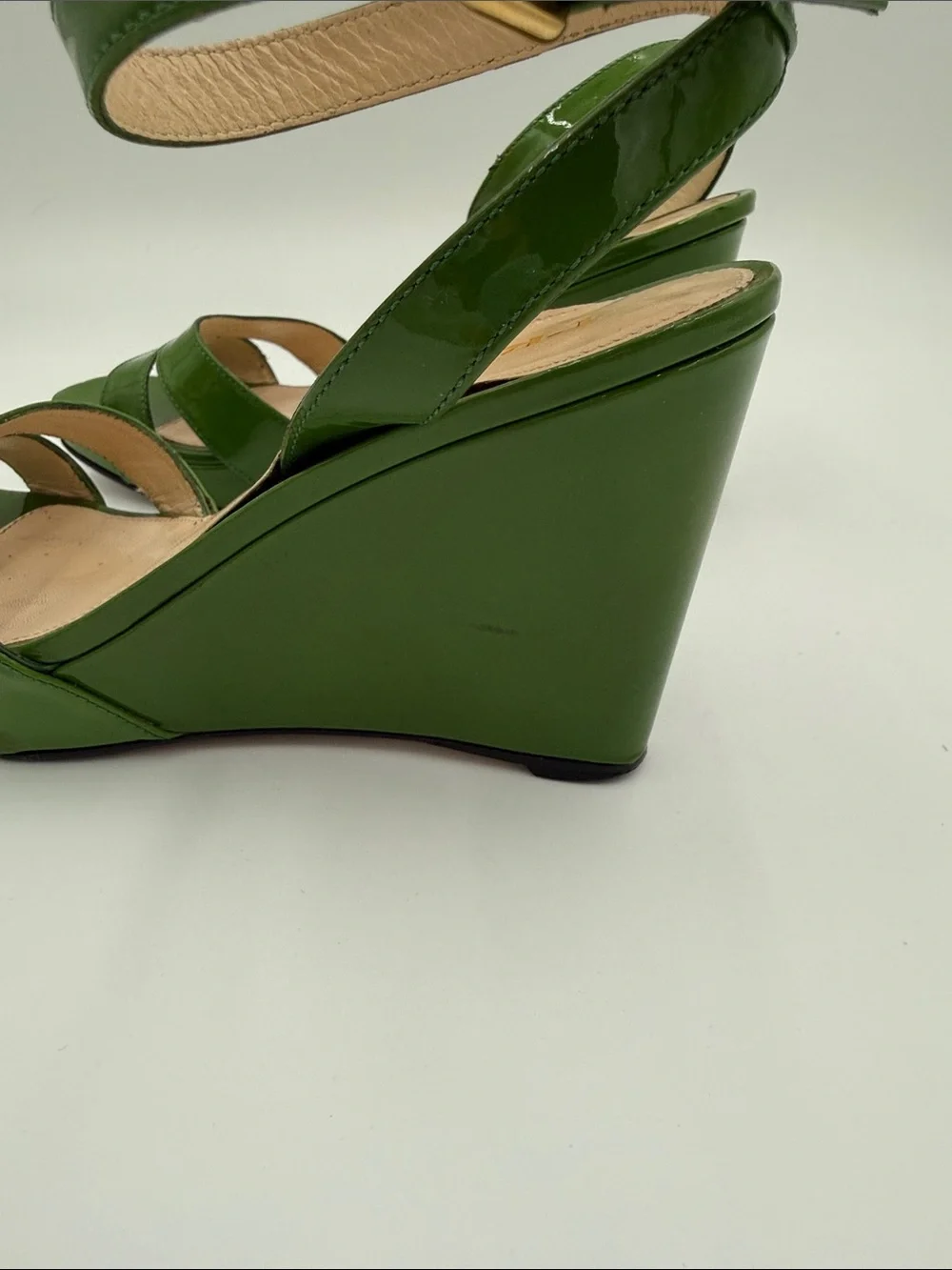 Prada Patent Green Wedge Sandals with Ankle Strap